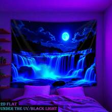 1pc Moon Waterfall Blue - Glowing Under UV Black Light Tapestry Oversized Fluorescence Tapestry Polyester, Room, Dorm, Living Room, Home Furnishings, Party Decorations, Free Installation Package, No Electricity Needed - Blue - View 6