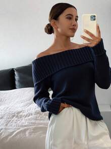 Livesso Áo len trễ vai màu trơn, áo dài tay mùa thu - Màu xanh hải quân - Xem 1