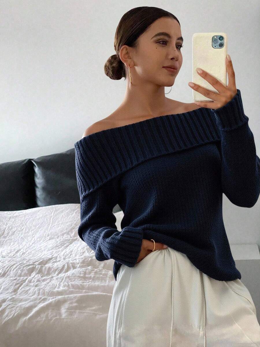 Livesso Áo len trễ vai màu trơn, áo dài tay mùa thu - Màu xanh hải quân - Xem 1
