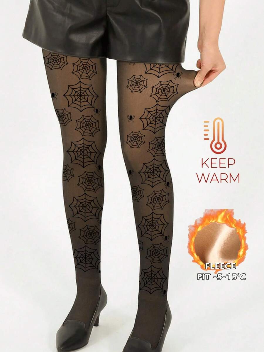 加大码蜘蛛网印花抓绒打底裤 - 女士300D性感保暖紧身裤，适合-5°C至15°C温度 - 黑色 - 查看 1