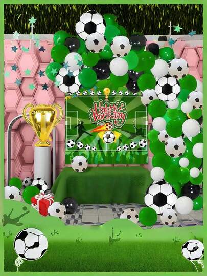 サッカー テーマ パーティー デコレーション セット 62点: サッカーボール型 アルミ風船、緑/黒/白 ラテックス風船、ゴールドのトロフィー装飾、サッカーテーマの「Happy Birthday」バックドロップ含む。丈夫なアルミ箔とラテックス製。手動エアポンプまたはヘリウムで簡単に膨らませられ、複雑な工具なしで素早く組み立てられます。