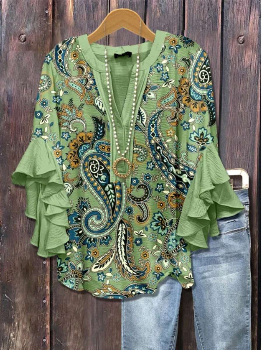 Women's Vintage Paisley Print Ruffle Sleeve Blouse - V-Neck Button-Down Shirt With Ruffled Hem And Neckline, Three-Quarter Sleeves, Non-Stretch Top, Suitable For Spring, Summer, And Autumn, Perfect For Both Casual And Formal Occasions. - 薄荷綠 - 查看 1
