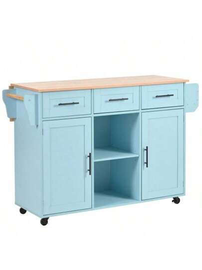 139x46(71)X91.5 Cm Large Esswagen/Anrichte, Korpus Blau Arbeitsplatte In Massivholzmaserung, Klappbare Arbeitsplatte, Ablagetür, Rollen, Auswechselbare Massivholzfüße, Geeignet Für Esszimmer, Küche view 7