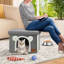 Cama cubierta grande para gatos de interior - Casa cúbica extra ancha para gatos con bola de peluche colgante y almohadilla rascadora, cueva plegable para mascotas como escondite para múltiples gatos - Talla única - gris - Ver 9