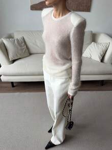 1pc Solid Color Knitted Semi-Sheer Shoulder Ribbed Crew Neck Long Sleeve Knit Top, Casual Spring/Summer - White - View 6