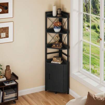 4-Tier Industrial White Bookshelf – Corner Shelf With Cabinet, Freestanding Wooden Storage Unit For Hallway/Living Room