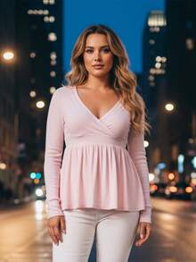 Women's Fall Peplum Tops Fashionable Casual Solid Color Long Sleeve V Neck Ruffle Hem Shirts - 粉色 - 查看 5