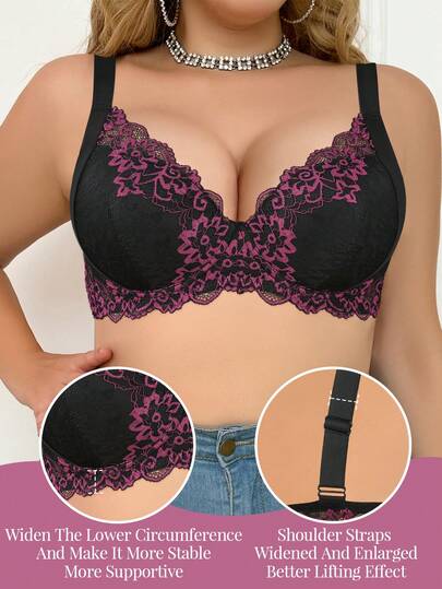 Plus Size Women Lace Underwire Bra - Lift, Side Support, Comfortable & Fashionable, Suitable For Curvy Figures, Daily Wear & Lingerie Series
