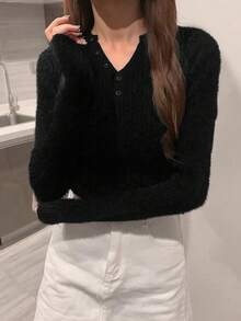 Solid Color Round Neck Slim Fit Casual Women Sweater, Autumn/Winter - Black - View 4