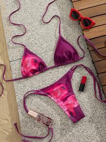 Bộ bikini dự tiệc gợi cảm, in họa tiết nhún bèo mềm mại mới, đồ bơi thời trang bãi biển mùa hè cho nữ - Màu tím - Xem 1