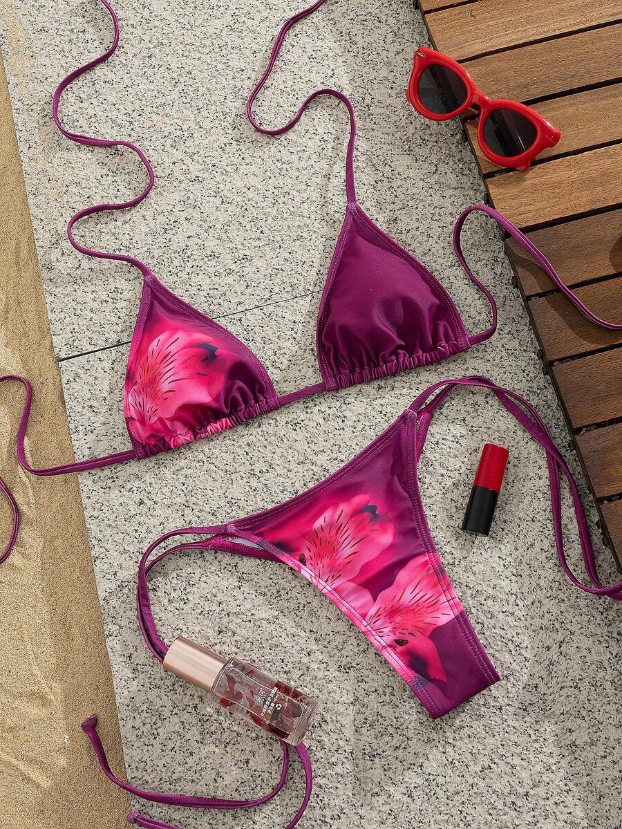 Bộ bikini dự tiệc gợi cảm, in họa tiết nhún bèo mềm mại mới, đồ bơi thời trang bãi biển mùa hè cho nữ - Màu tím - Xem 1