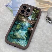 Cubierta de telefono con borde negro y diseño de arroyo cristalino en bosque para iPhone 14 Pro Max Protector de pantalla con impresion natural para uso diario y viajes - Café integral - Ver 6