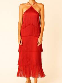 Halter Neck Layered Fringe Party Dress - Đỏ - Xem 5