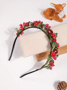 1pc Christmas New Mori Style Pine Cone Decor Christmas Golden Fruit Bell Headband, Christmas Accessories For Women - Red - View 3