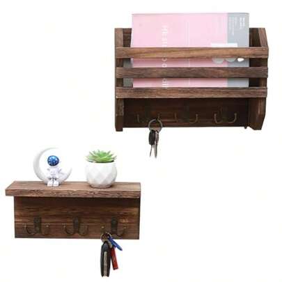 HAWTSet Of 2 Wall Mounted Key Holders Rustic Wood Entryway Organizer With Mail Slot Shelf And 6 Hooks Total Farmhouse Decor For Keys Wallets Plants And Sunglasses