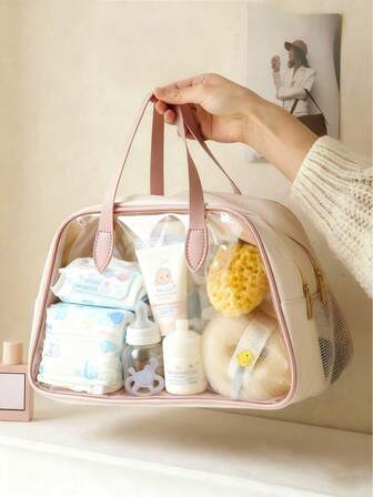 1 pieza Bolsa de aseo impermeable de gran capacidad, con compartimentos separados para seco y húmedo, bolsa de maquillaje portátil, adecuada para natación, almacenamiento de pañales, organizador conveniente (algunos sin texto/gráficos)