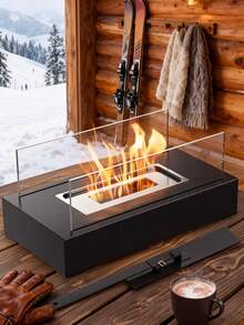 1个迷你便携式无烟生物乙醇壁炉，现代黑色金属桌面火盆，带钢化玻璃面板，室内/室外取暖器，户外露营取暖，家居聚会庭院装饰