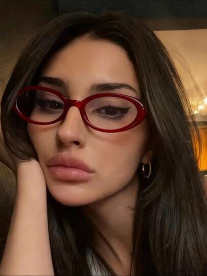 1副复古椭圆形红色猫眼透明眼镜，女士休闲时尚眼镜，适合日常阅读、工作通勤、海滩装扮、复古Y2K基础款商务休闲礼品