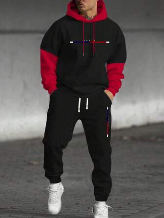 2 Pieces Set Of New Autumn And Winter Men's Long-Sleeved Hooded Sweatshirts With Colorful Ribbon Letter Prints And Elastic Waist Drawstring Pants For Leisure, Sports, Travel, Vacation, Fitness, Running, And Couples' Outfits.