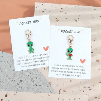 1pc/2pcs Unique Alien Keychain With Inspiring Motivational Card, Fashionable Personalized Bag/Wallet/Backpack/Car Key Chain Pendant - Ideal Gift For Friends, Family, And Couples On Birthday, Wedding, Holiday Parties