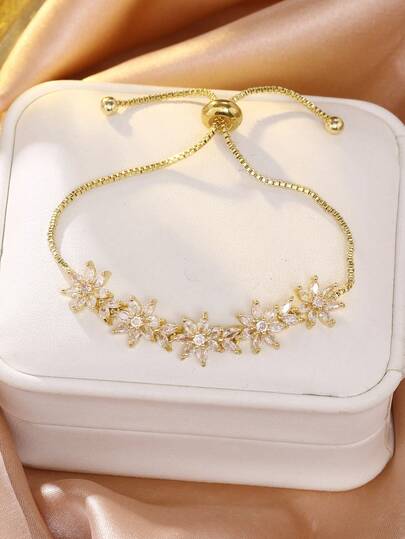 1 Piece Of Luxury High-End Super Shiny Zirconia Floral Drawstring Bracelet - Exclusive For Women In Daily Eye-Catching, Date Atmosphere & Gifting Heartfelt, A Niche Exquisite Accessory For Gentle Shine