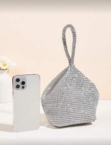 Lightweight, Business Casual Rhinestone Decor Bucket Bag Mini Drawstring Design, Clear Bag Faux Faux Pearl Bag Evening Bag, Dinner Bag Glamorous, Elegant, Exquisite, Quiet Luxury Rhinestone For Party Girl, Woman, Bride Perfect For Party, Dinner/Banquet Christmas Party Dress, Glamorous Rhinestone Bag, Perfectly Matching With Bridal Party, Best Choice Elegant Bag For Bridal Shower, Clutch Bag For Wedding, Party Bags,Perfect For Party Wedding Prom Dinner/Banquet Matching With Holiday Party Dress Evening Dress & Sequin Dress - 銀色 - 查看 4