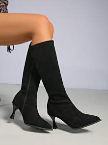 Bottes hautes pour femmes, bottes d'équitation vintage à bout pointu, talon haut fin, bottes mode polyvalentes montant au-dessus du genou, convenant à de multiples occasions, nouvelle arrivée automne/hiver - Noir - Voir 2