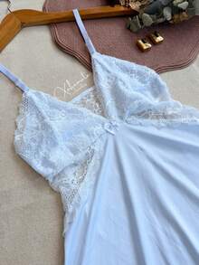 Sexy Lace Nightgown With Backless Detail, Ruffled Train, Slit, No Padding, Sleep Dress, Lingerie, Nightwear Line - White - View 6
