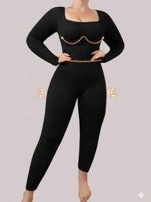 Plus Size Women Seamless Slimming Bodysuit With Compression, Long Sleeve And Pants