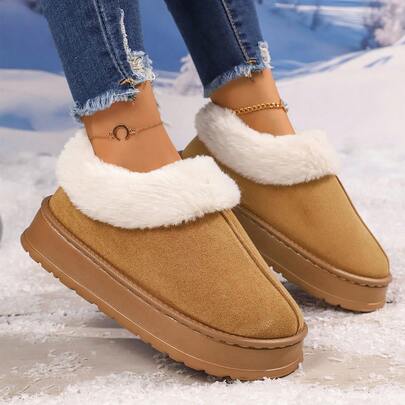 女士冬季拖鞋、厚底雪地靴、加厚平底靴、保暖鞋、户外防滑靴、Uggs 仿品、女士冬靴、女士冬季毛茸茸雪地靴毛茸茸圆头绒面短靴平跟一脚蹬户外室内鞋时尚保暖毛茸茸鞋，