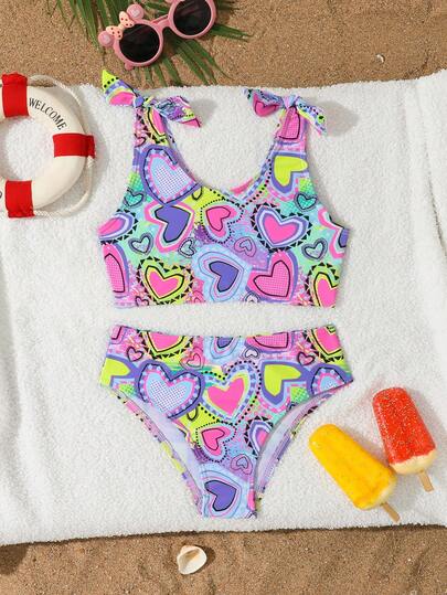 Girls' Colorful Heart Pattern Tankini Swimsuit