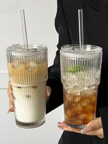 1 Set Vaso de vidrio a rayas con pajita y tapa, vaso de agua portátil y de estilo sencillo, vaso de vidrio a rayas verticales, taza de café y jugo reutilizable de alta calidad, recipiente de bebida multifuncional, perfecto para el hogar, la oficina, la playa, todo tipo de fiestas, adecuado para café, té, whisky, leche, americano helado y bebidas de latte, vaso para beber - Multicolor - Ver 1