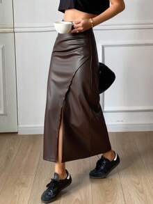 Livesso Women's Solid Color Asymmetric Design Casual Skirt,Pencil Skirt Leather Skirt - Coffee Brown - View 1