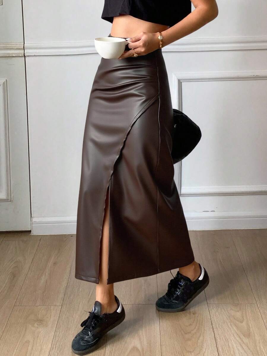 Livesso Women's Solid Color Asymmetric Design Casual Skirt,Pencil Skirt Leather Skirt - Coffee Brown - View 1