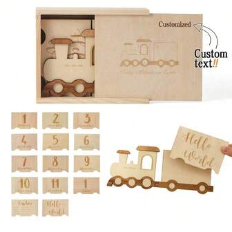 Personliga trämilstolpekort för nyfödda, anpassningsbara tågnummer, månatliga minneskort, graverade träåldersfotograferingsrekvisita, tillbehör som present till nyfödda, presentset