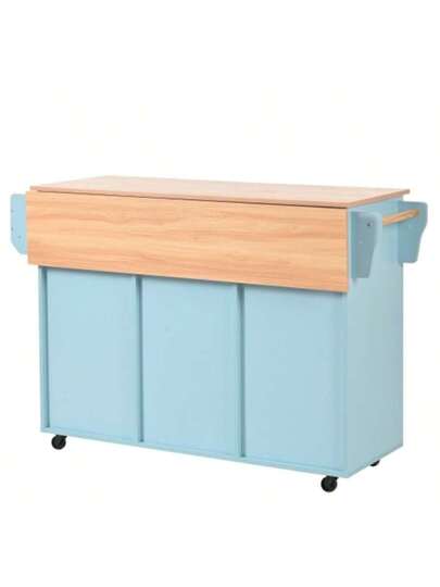 139x46(71)X91.5 Cm Large Esswagen/Anrichte, Korpus Blau Arbeitsplatte In Massivholzmaserung, Klappbare Arbeitsplatte, Ablagetür, Rollen, Auswechselbare Massivholzfüße, Geeignet Für Esszimmer, Küche view 4