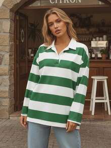 Women Striped Oversized T-Shirts Casual Loose Lapel V Neck Long Sleeve Tops  Fall Streetwear - màu xanh lá - Xem 3