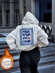 女士冬季字母印花长袖抽绳卫衣，带口袋，休闲宽松多功能节日风格上衣，秋季女装，冬季女装时尚，适合日常穿着。 - 白色 - 查看 1