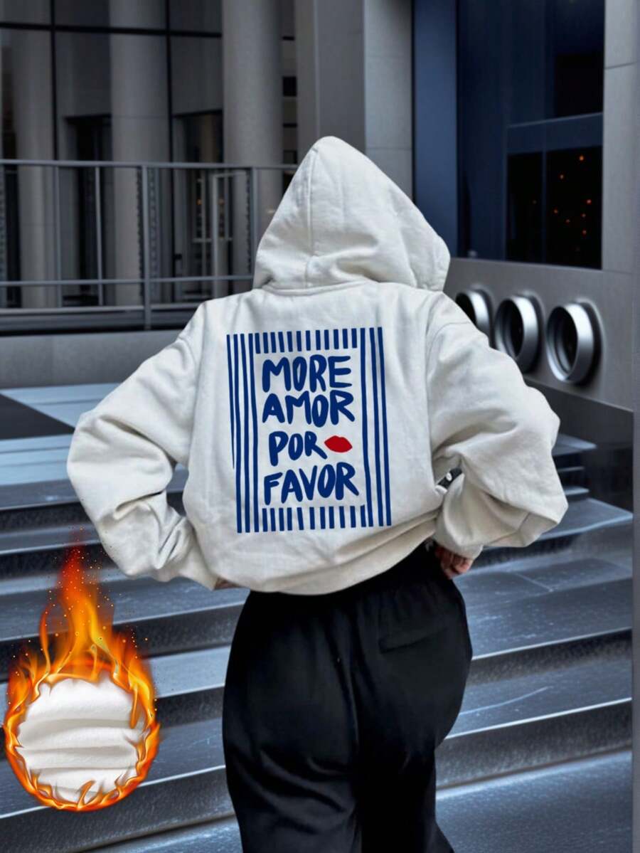 女士冬季字母印花长袖抽绳卫衣，带口袋，休闲宽松多功能节日风格上衣，秋季女装，冬季女装时尚，适合日常穿着。 - 白色 - 查看 1