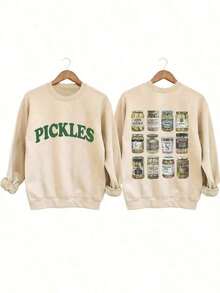 [Olive Green Sweatshirt] Soft Olive Green Crewneck Sweatshirt |       PICKLES Letter Print & Pickle Jar Graphic - Mid-Stretch Fabric, Machine Washable, Casual All-Season Comfortchristmas Outfit Women-Unisex, Comfortable Vintage Cotton Washed T-Shirt - Màu be - Xem 1