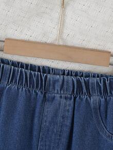 3pcs/Set Tween GirlsOutdoor Casual Outfit - White Long Sleeve Round Neck T-Shirt, Simple Button Denim Vest Jacket, And Wide Leg Long Jeans - Dark Wash - View 4