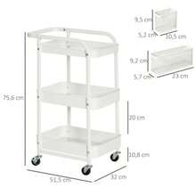 HOMCOM Rolling Trolley With Drawers, 3-Tier Kitchen Shelf On Casters For Kitchen And Office, White Steel, 51.5 X 32 X 75.6 Cm - White - View 4