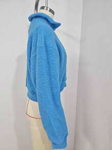 Christmas Women's Light Blue Faux Shearling Short Jacket, Collared Zip Design, Flattering Silhouette, For Halloween - Blue - View 3