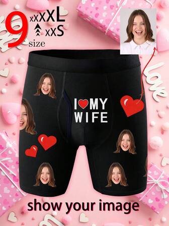 1 st. anpassade herrkalsonger - tryckta med fruns foto och texten "Jag älskar min fru" | Överraskningspresent för par, lämplig för alla hjärtans dag, Qixi-festivalen, 520 (kinesisk alla hjärtans dag), jul, nyår, årsdagar och födelsedagar | Bekväma och mysiga, lämpliga för vardagsbruk