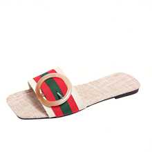 Women's Flat Sandals, Crystal Embellished Strap Slide Sandals, Open Toe, Non-Slip, Flat, Summer - Coral Orange - View 6