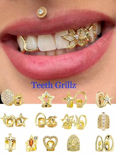 2-3pcs Hip Hop Copper Grillz Teeth Set, Gold Plated Cubic Zirconia Grillz With Heart, Flower, Star & Hollow Out Designs - Fashion Gold Teeth Caps For Men & Women - Daily Streetwear, Party, Rapper Cosplay & Casual Outings - Versatile & Stylish Dental Jewelry Accessories (6-Piece Assorted Styles)