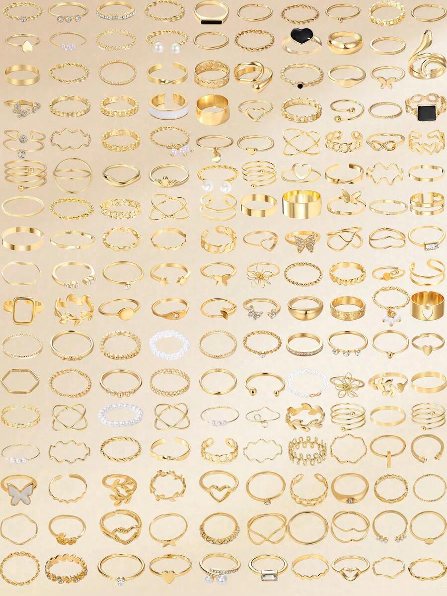 68/66/27/24/21pcs Fashionable, Minimalist, Elegant, Exquisite, Retro Design Geometric Buckle, Flower, Heart, Rhinestone, Bling Bling, Faux Pearl, Drip Oil, Infinity Symbol, Star, Butterfly, Wave, Polygon, Multi-Layer, Spring, Tassel, Round Disc, Round Bead, Square Hollow Design, Snake Shape, Smooth, Minimalist Metal Ring Set, Suitable For Holiday, Party, Date, Gift, Daily Wear - Yellow Gold - View 1