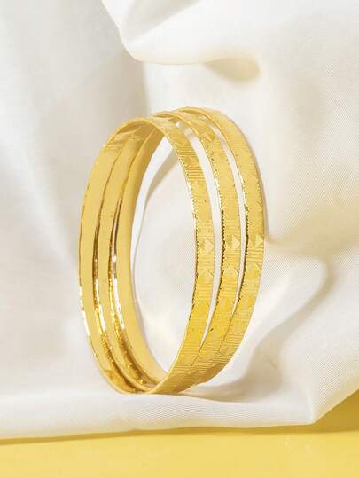 3pcs Girls' Unique Metal Geometric Chunky Rhombus Stackable Bangle Bracelets
