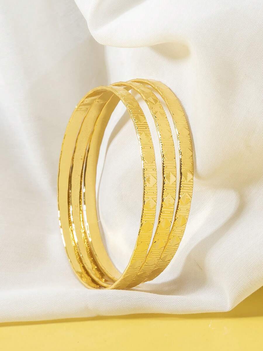 3pcs Girls' Unique Metal Geometric Chunky Rhombus Stackable Bangle Bracelets - Multicolor - View 1