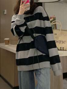 Sudadera vintage de manga larga a rayas para mujer, prenda de otoño, estilo ligero, corte holgado, cuello redondo estilo coreano. - Negro - Ver 3